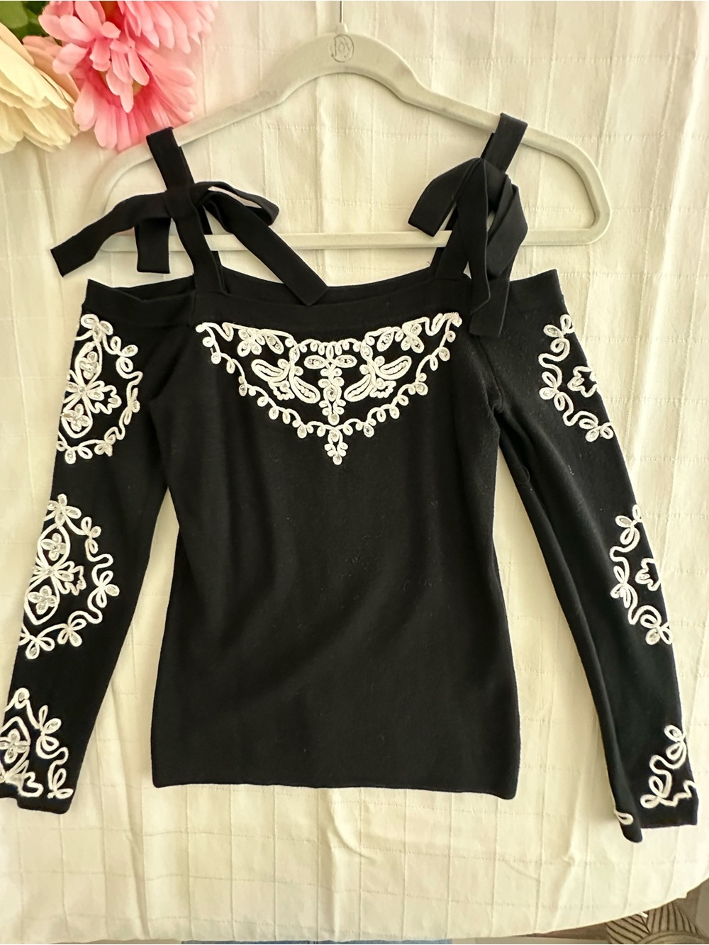 INC International Concepts Black Off-the-Shoulder Sweater with White Embroidery